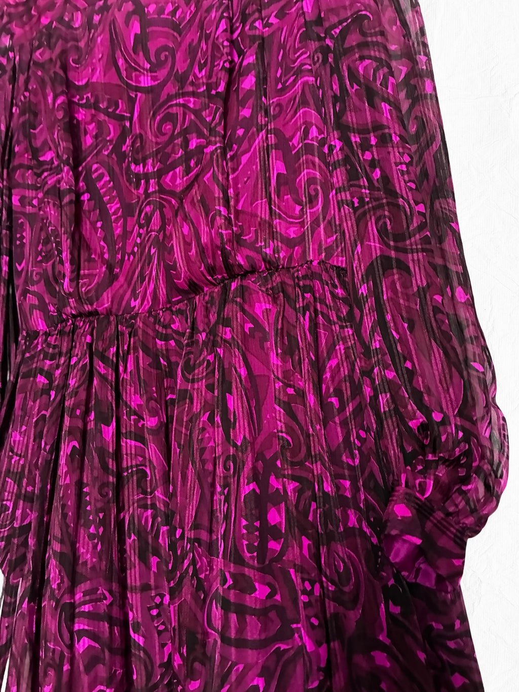 Archival Pauline Trigère for I. Magnin Magenta Paisley Pleated Midi Dress