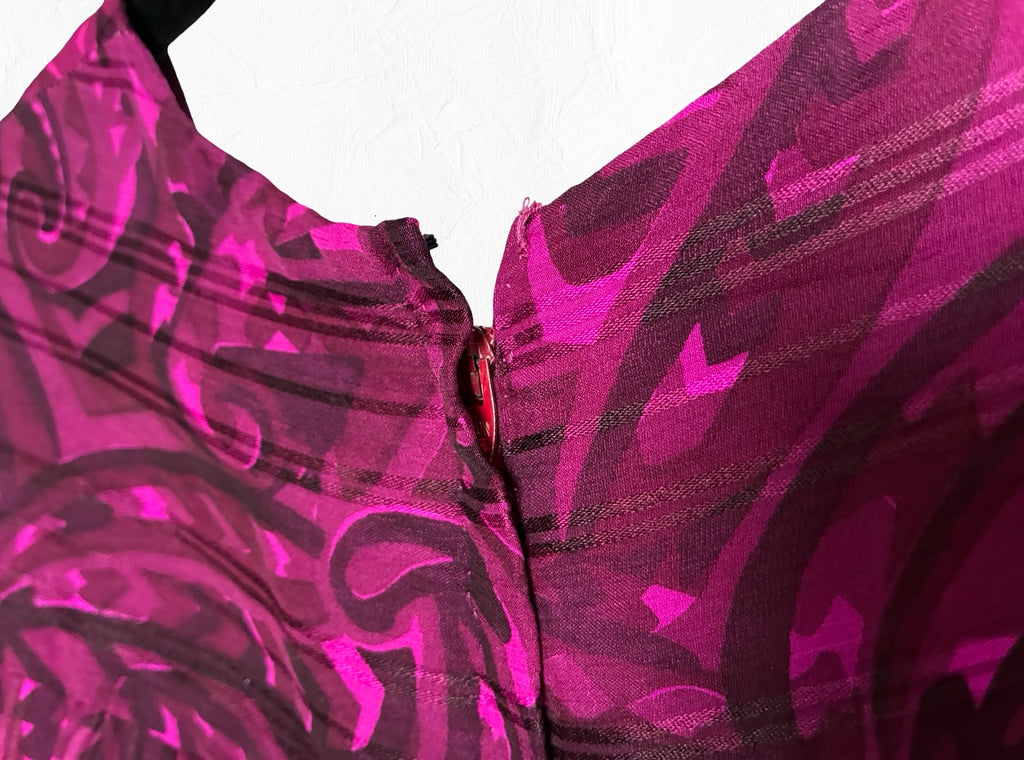 Archival Pauline Trigère for I. Magnin Magenta Paisley Pleated Midi Dress