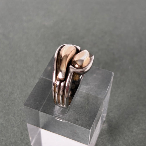 950 Silver 14K Gold Overlay Two-Tone Modernist Ring — Size 5.5