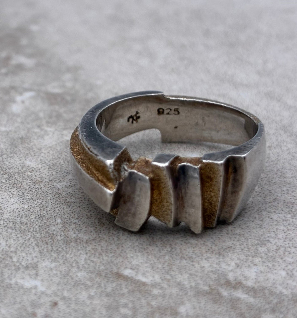 Sterling Two-Tone Modernist Sculptural Ring — Size 6.5