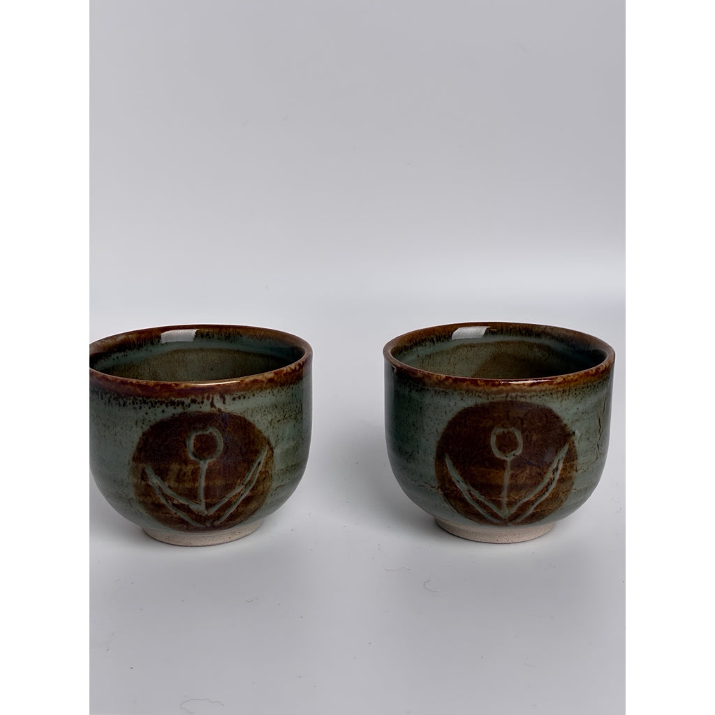 Vintage Japanese Studio Pottery Yunomi Tea Cups Pair in Wooden Box – Signed
