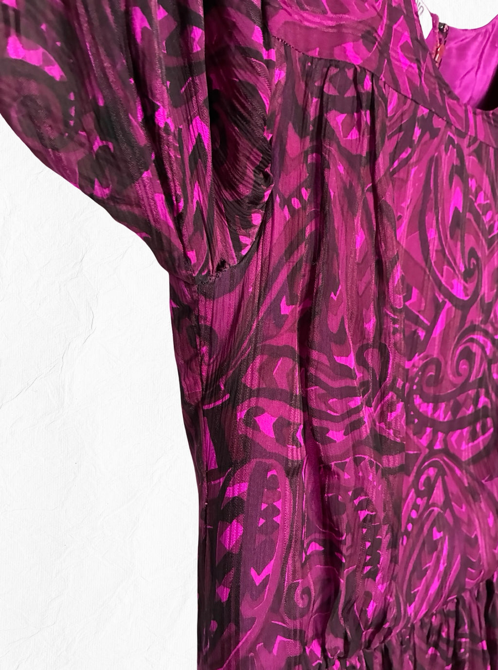 Archival Pauline Trigère for I. Magnin Magenta Paisley Pleated Midi Dress