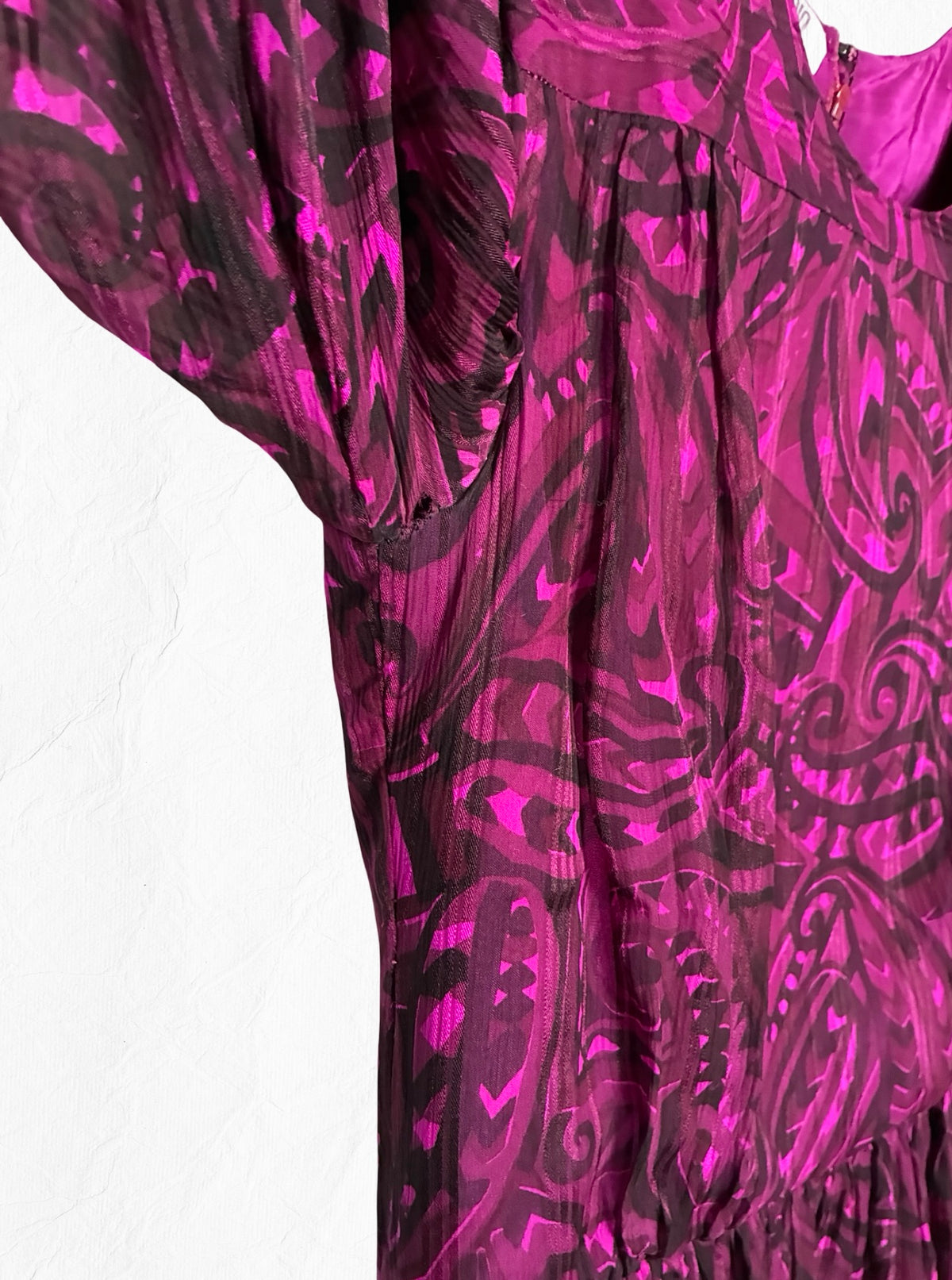 Archival Pauline Trigère for I. Magnin Magenta Paisley Pleated Midi Dress