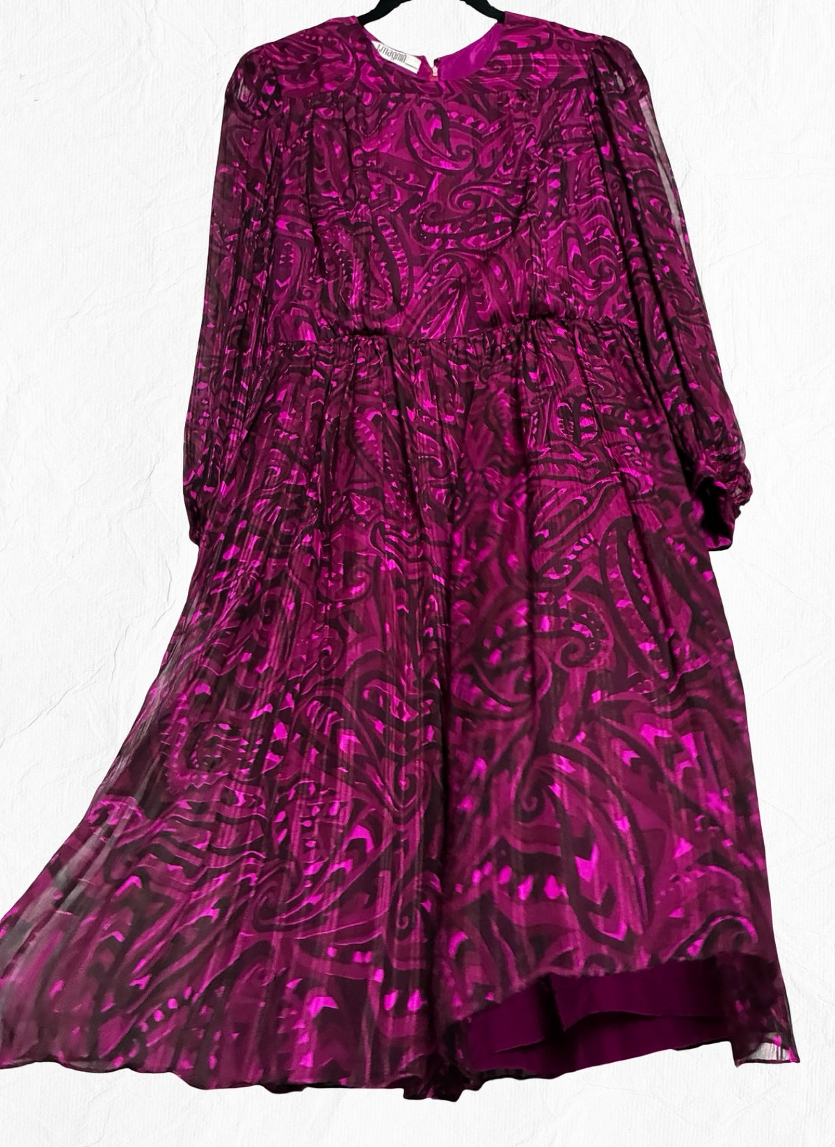 Archival Pauline Trigère for I. Magnin Magenta Paisley Pleated Midi Dress