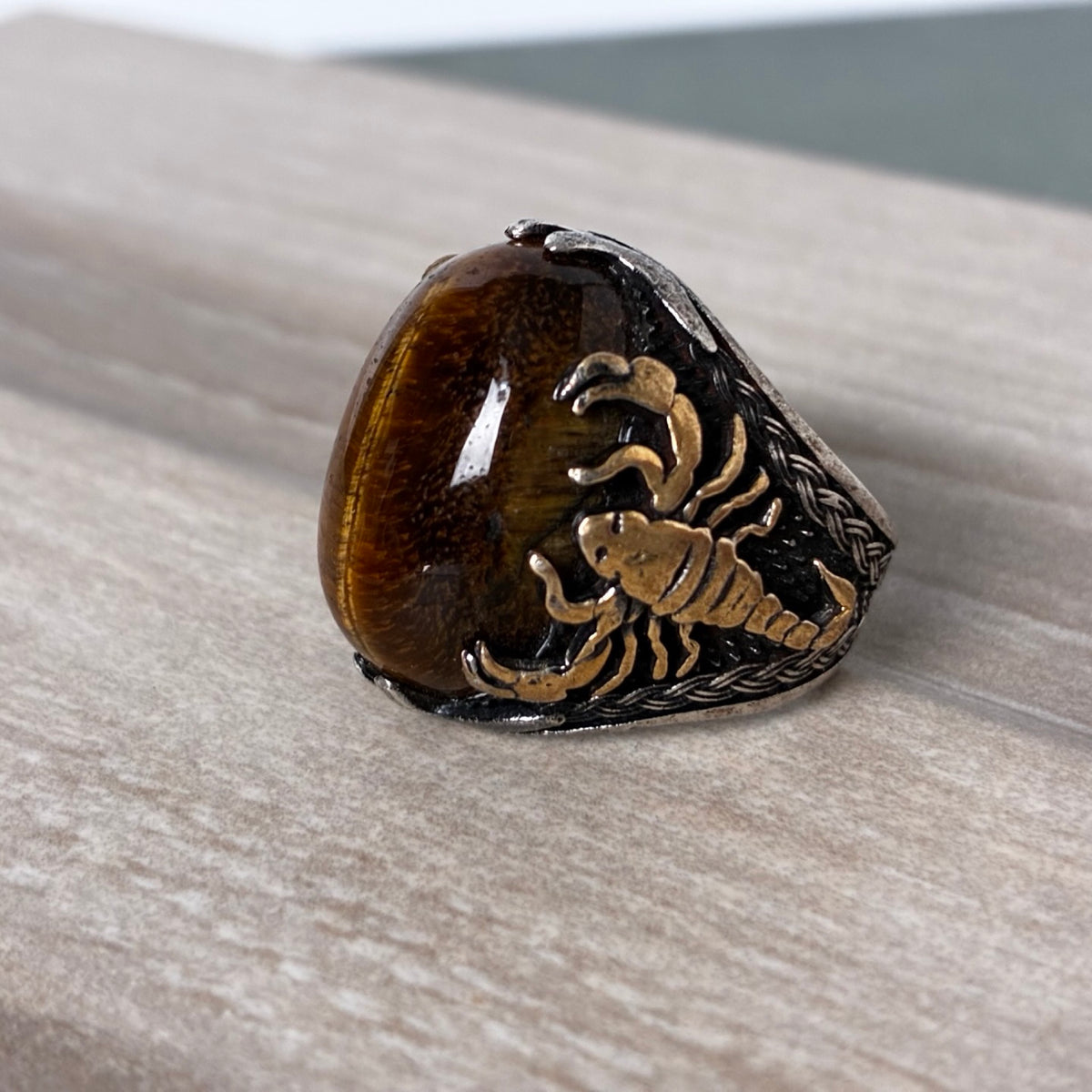 Sterling Tiger’s Eye Scorpion Statement Ring - Size 7-7.5