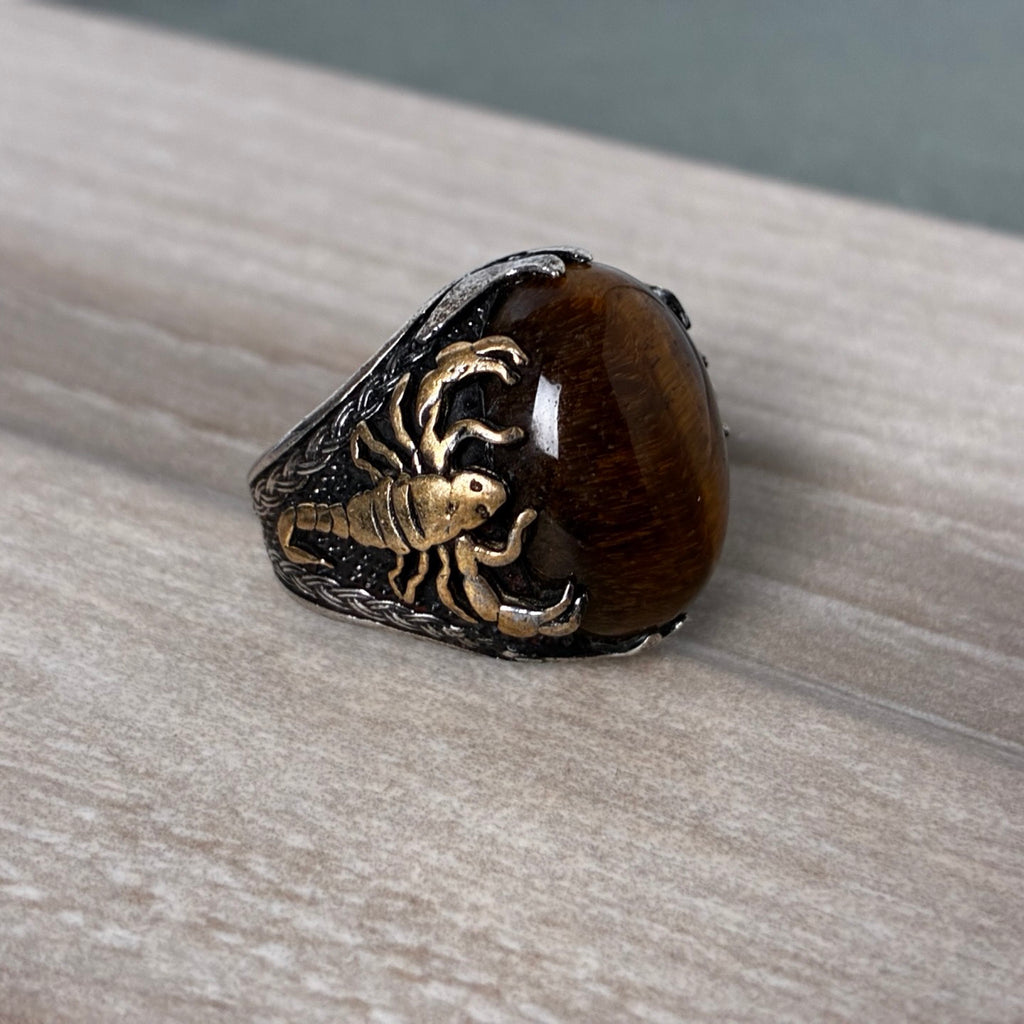Sterling Tiger’s Eye Scorpion Statement Ring - Size 7-7.5