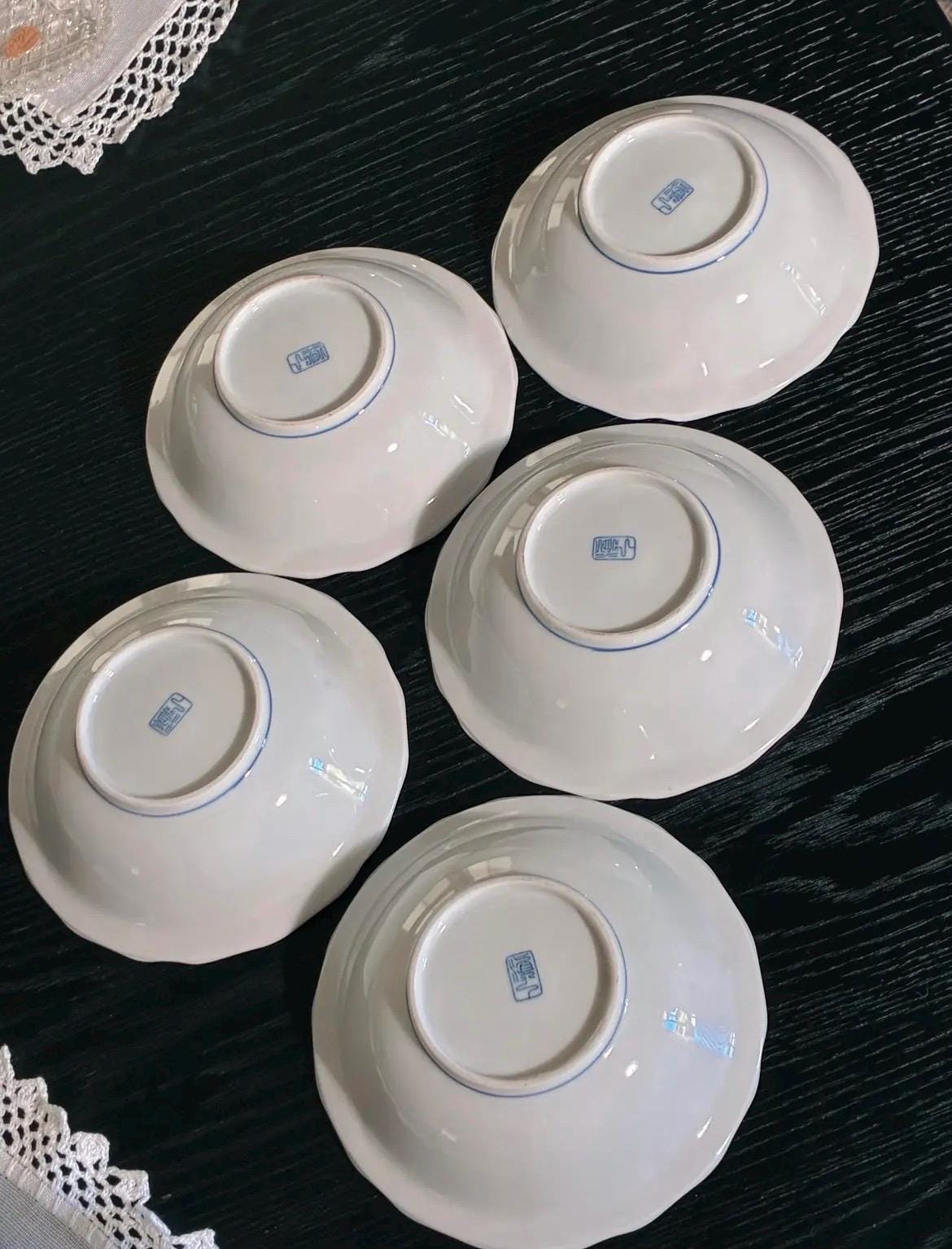 Set of 5 Japanese Porcelain Bowls | Blue Floral Scalloped Serving Tableware