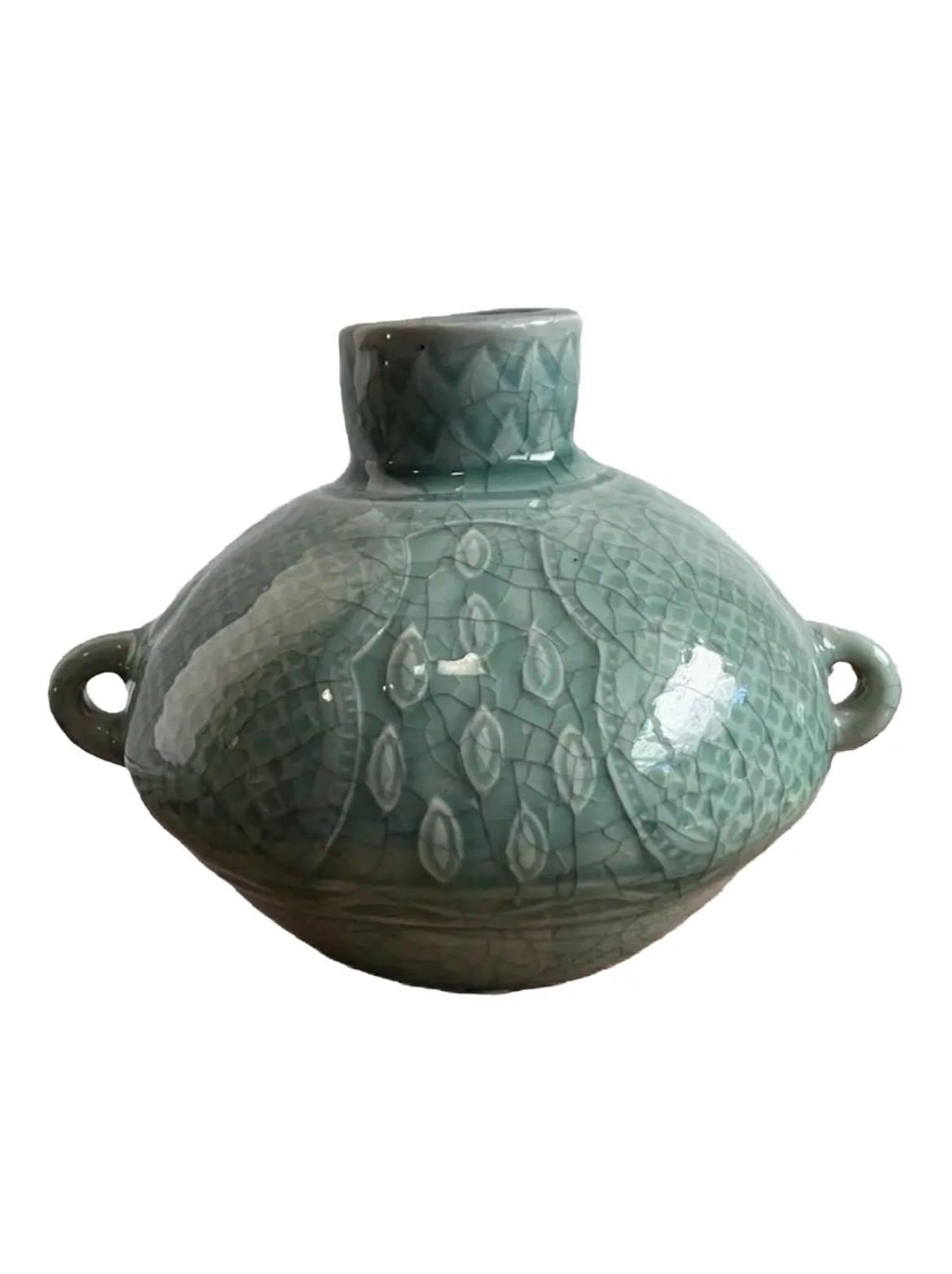Vintage Celadon Crackle Glaze Vase | Double Handle Ceramic Vessel | Organic Modern Decor