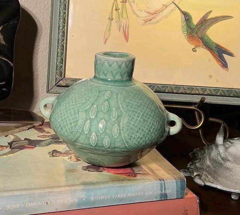 Vintage Celadon Crackle Glaze Vase | Double Handle Ceramic Vessel | Organic Modern Decor
