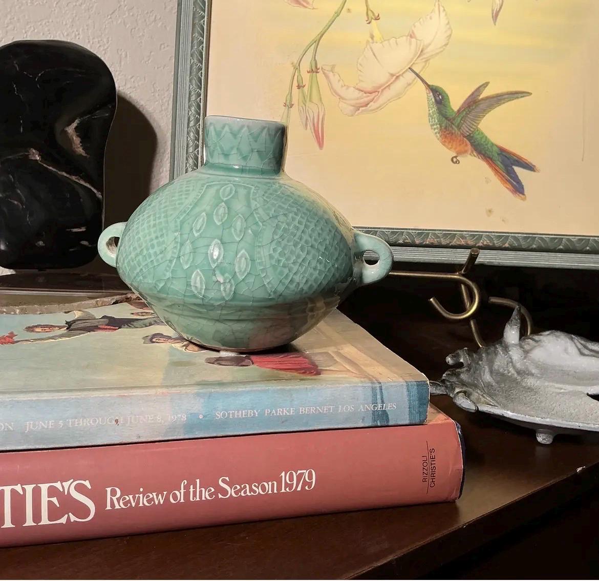 Vintage Celadon Crackle Glaze Vase | Double Handle Ceramic Vessel | Organic Modern Decor
