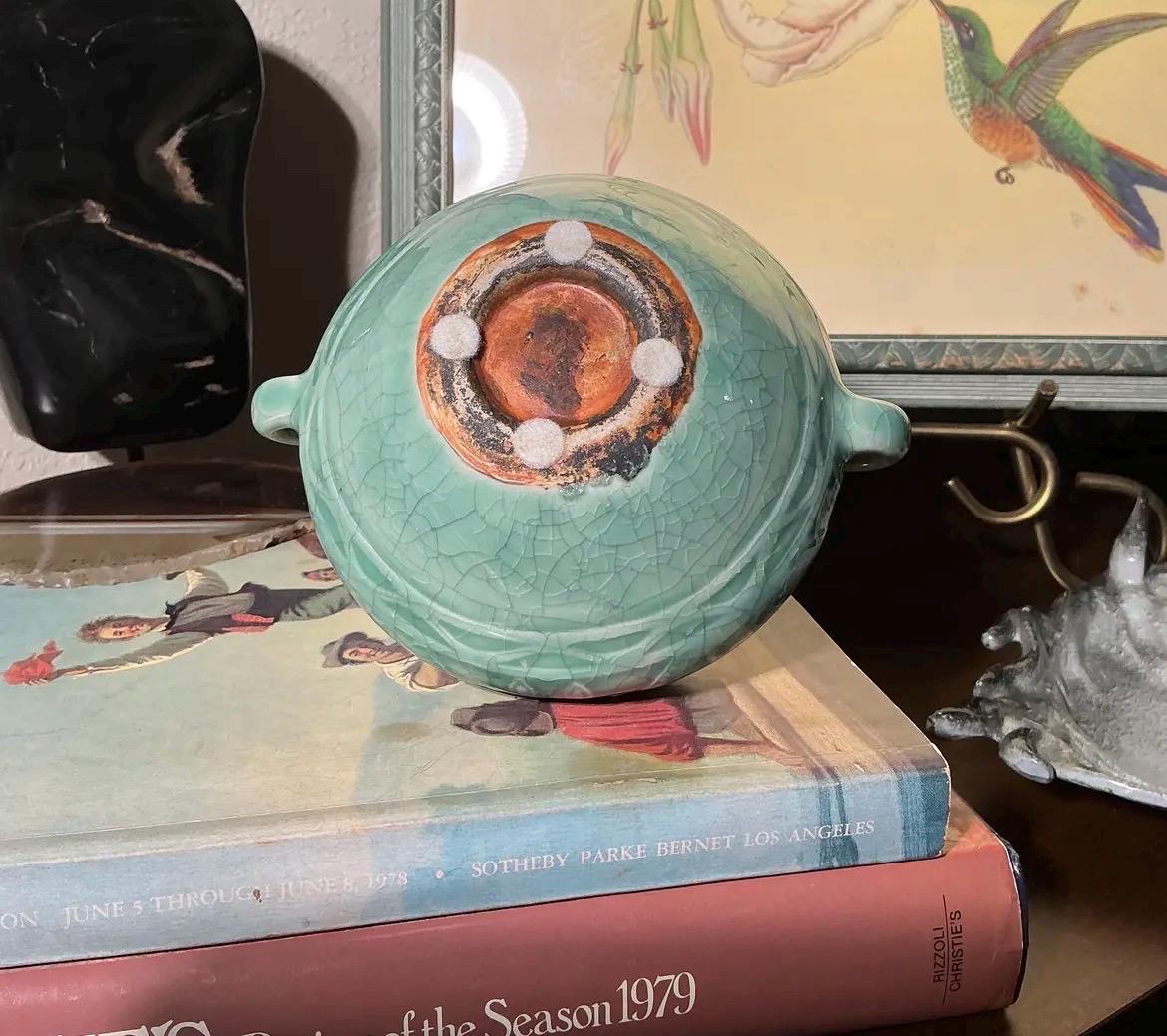Vintage Celadon Crackle Glaze Vase | Double Handle Ceramic Vessel | Organic Modern Decor