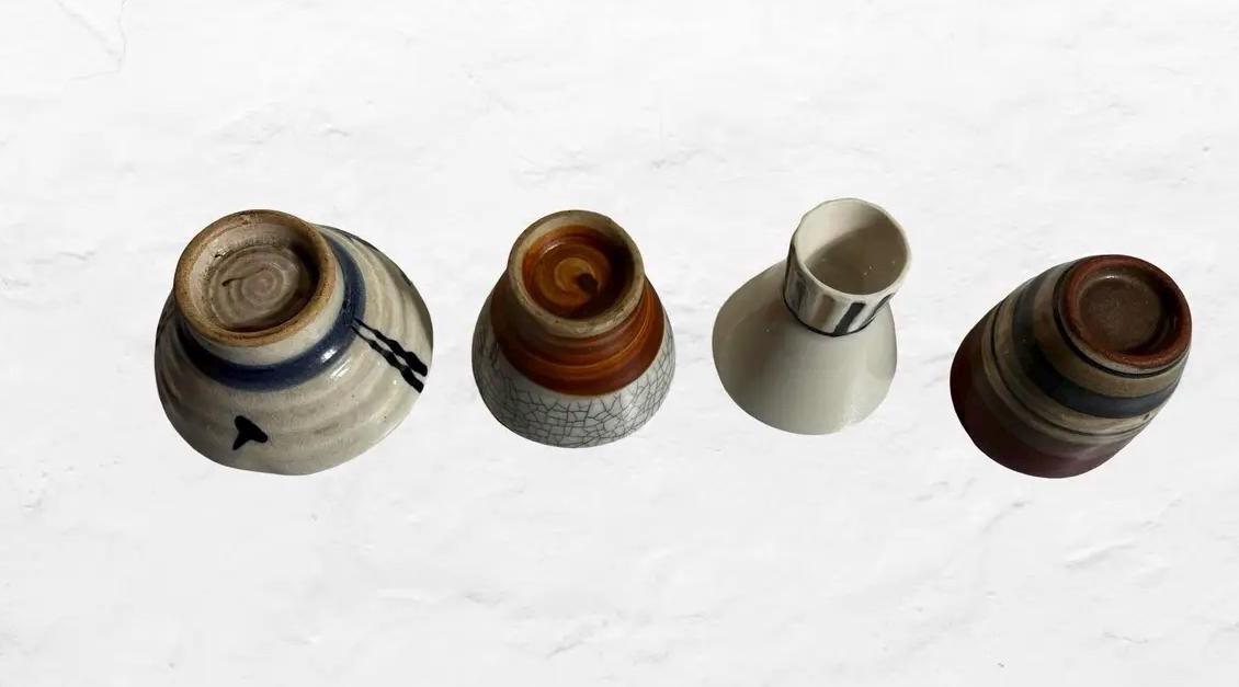 Vintage Japanese Ceramic Cups & Pour Vessel Set | Wabi Sabi Tea Sake (Set of 4)