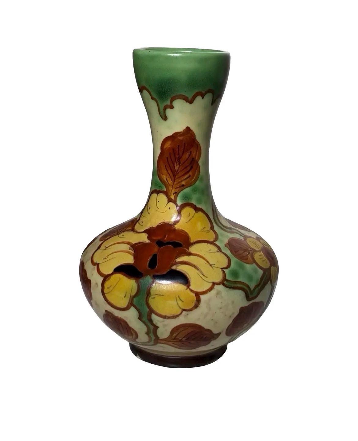 Signed Regina Gouda Holland Hand Painted Vase | Borodi Pattern MCM Dutch Ceramic