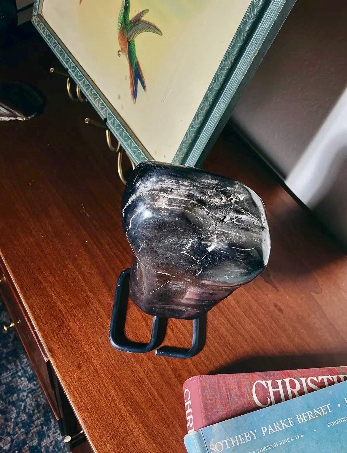 Vintage Petrified Wood Specimen on Metal Stand | Organic Modern Natural Stone Sculpture
