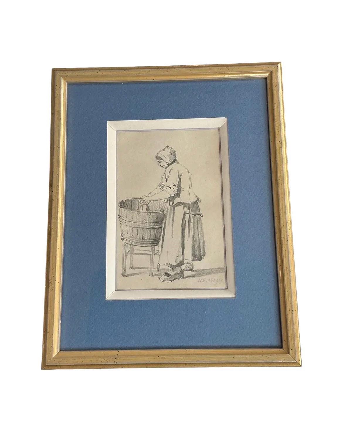 Signed H.E. Bernard Antique Breton Woman Drawing European Genre Study Framed