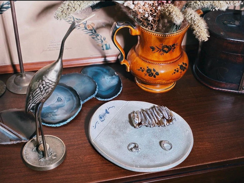 Vintage Studio Pottery Trinket Dish Fish Bone Ring Dish Gray Crackle Glaze Ceramic Catchall