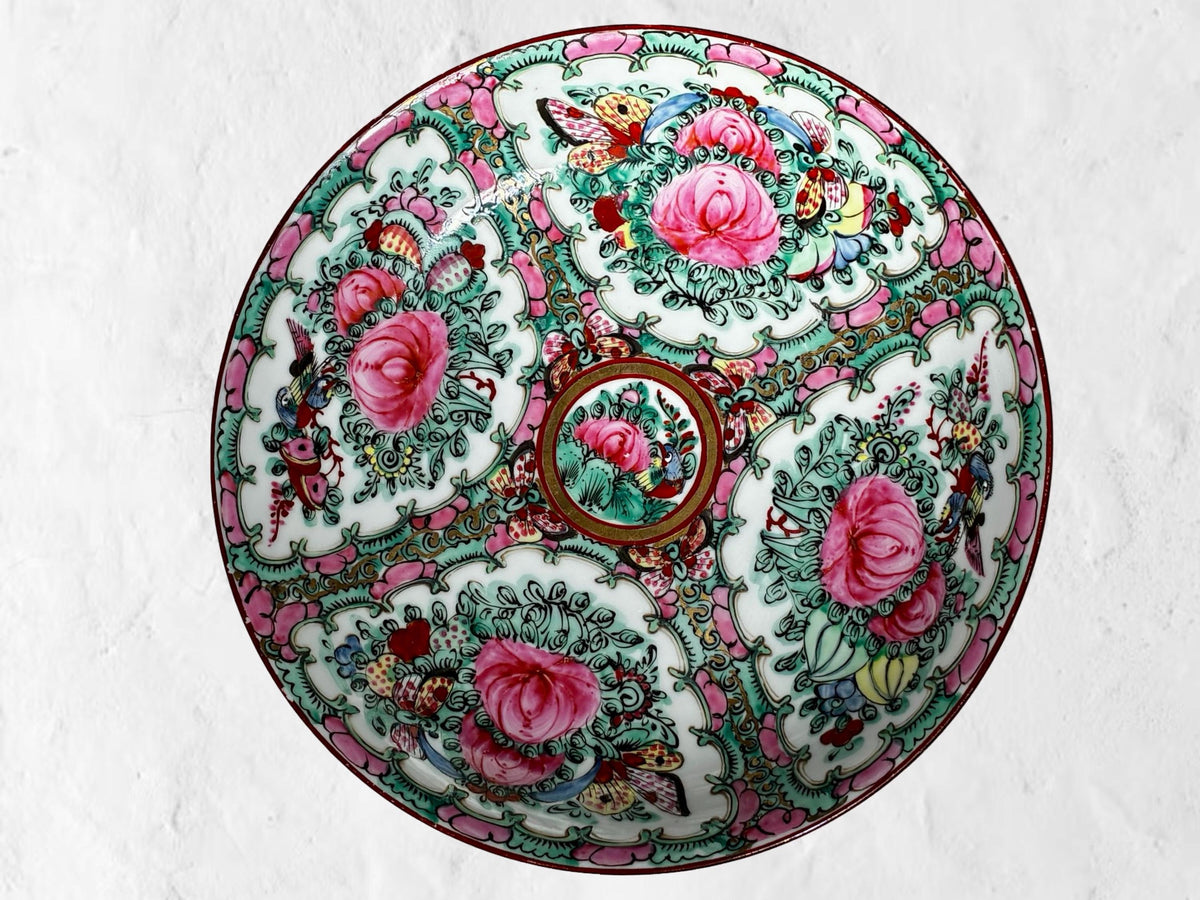 Vintage Famille Rose Porcelain Bowl | Hand Painted Chinoiserie Floral Centerpiece Dish