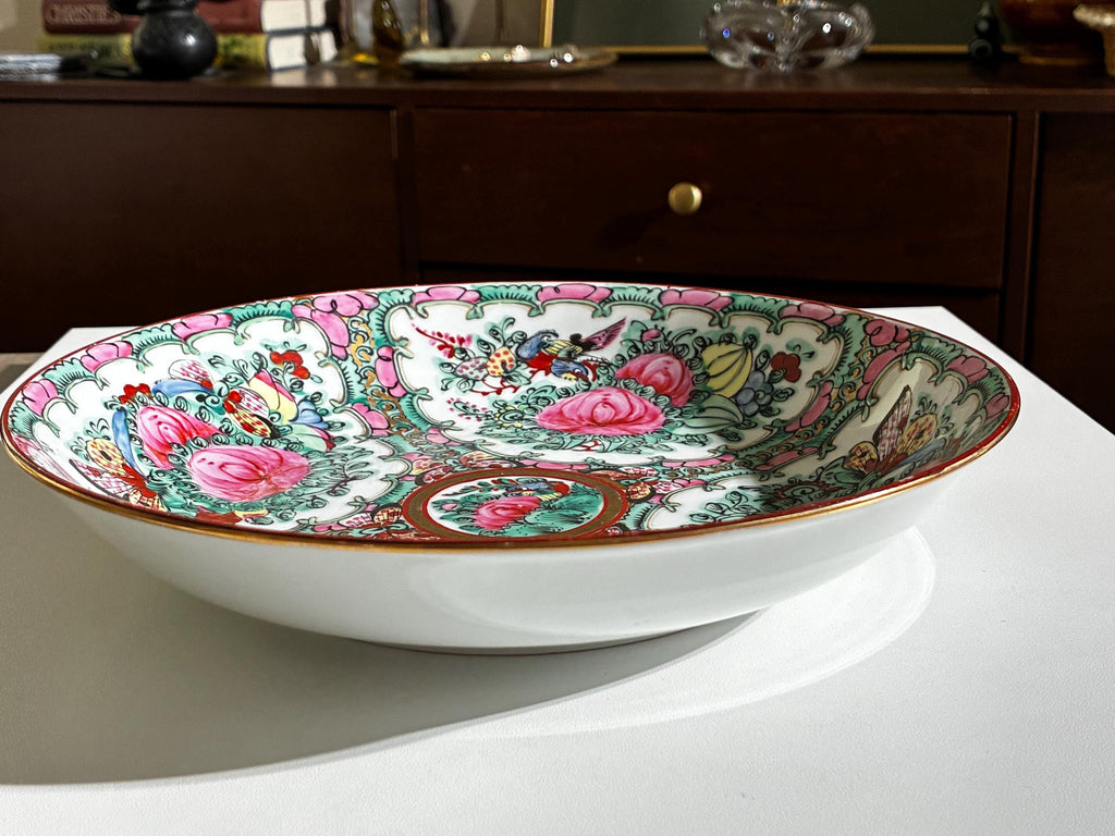 Vintage Famille Rose Porcelain Bowl | Hand Painted Chinoiserie Floral Centerpiece Dish