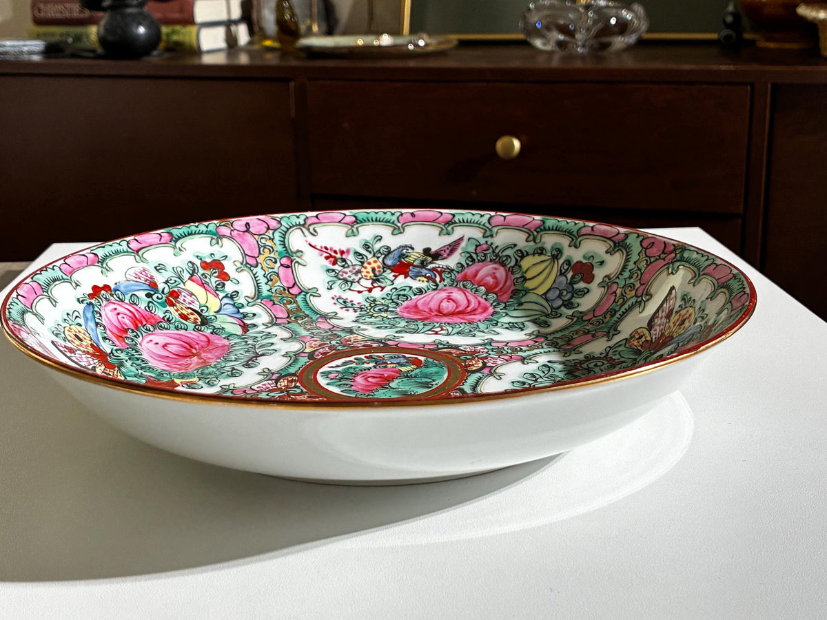 Vintage Famille Rose Porcelain Bowl | Hand Painted Chinoiserie Floral Centerpiece Dish