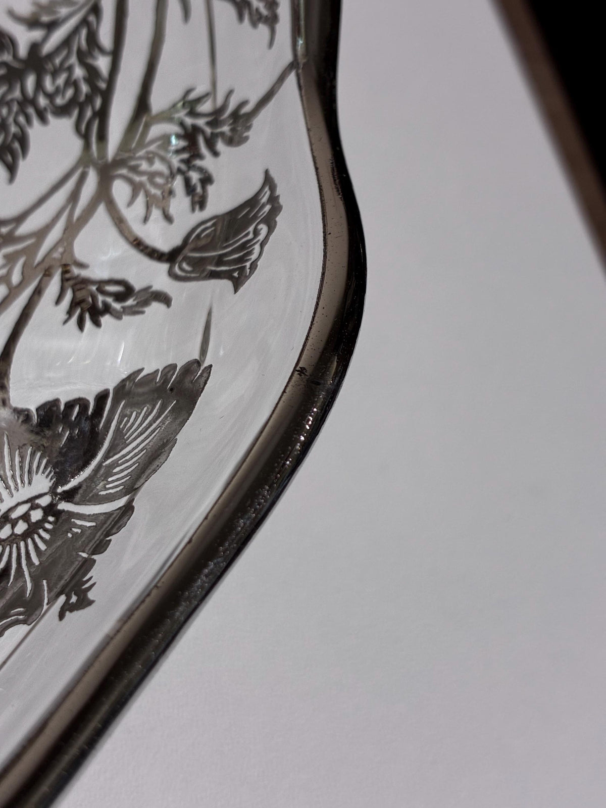 Floral Silver Overlay Pedestal Bowl & Footed Tray | Glass MCM Set