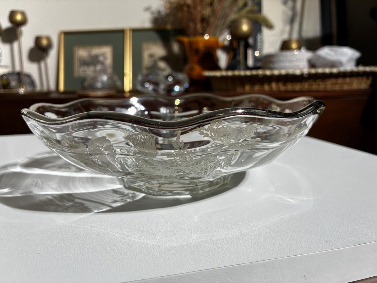 Floral Silver Overlay Pedestal Bowl & Footed Tray | Glass MCM Set