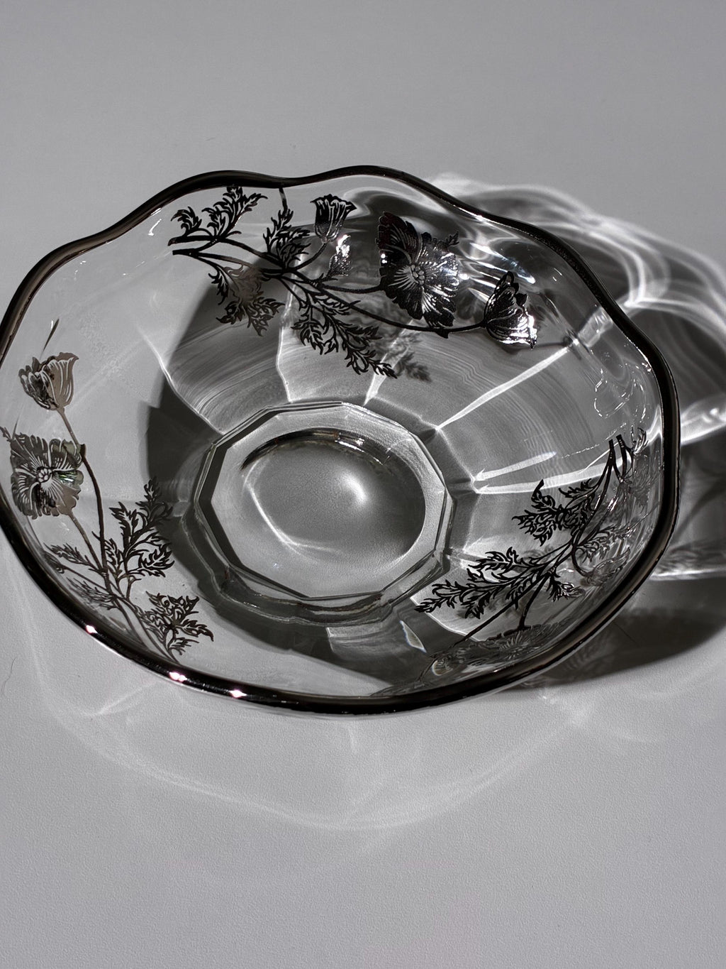 Floral Silver Overlay Pedestal Bowl & Footed Tray | Glass MCM Set