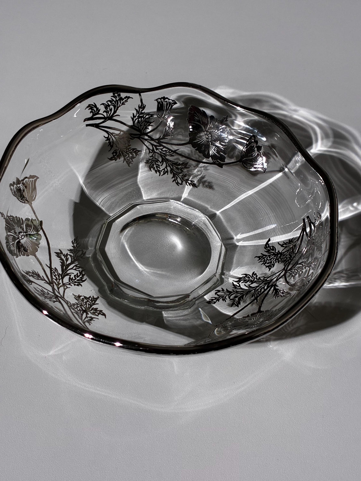 Floral Silver Overlay Pedestal Bowl & Footed Tray | Glass MCM Set