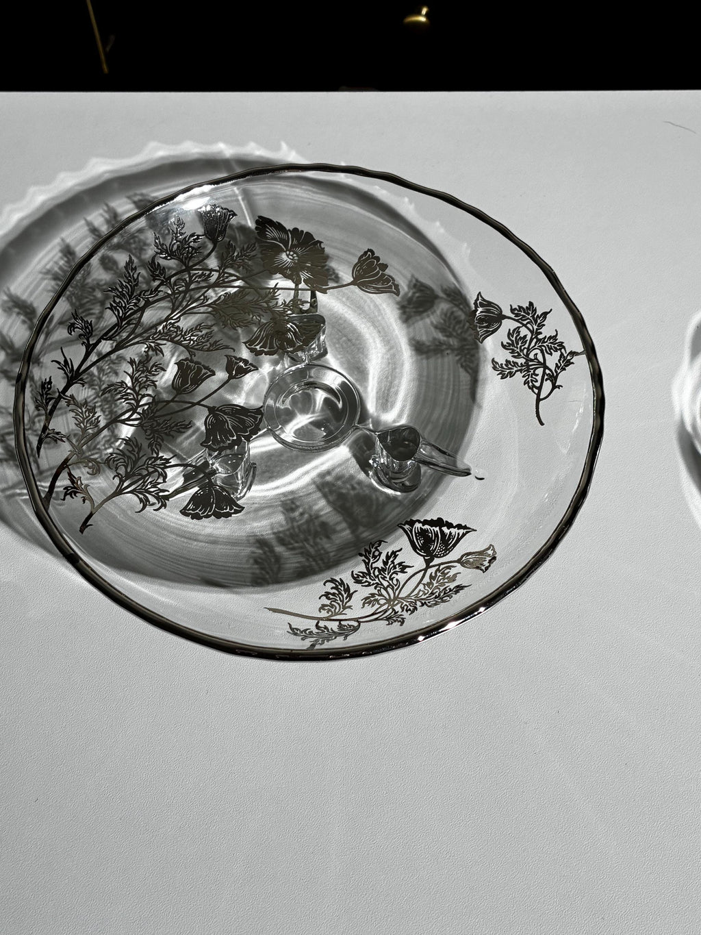 Floral Silver Overlay Pedestal Bowl & Footed Tray | Glass MCM Set