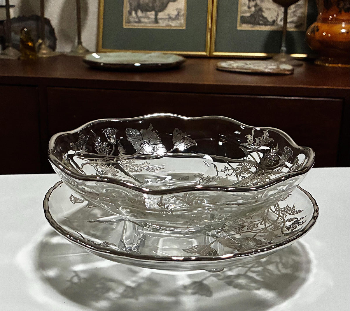 Floral Silver Overlay Pedestal Bowl & Footed Tray | Glass MCM Set