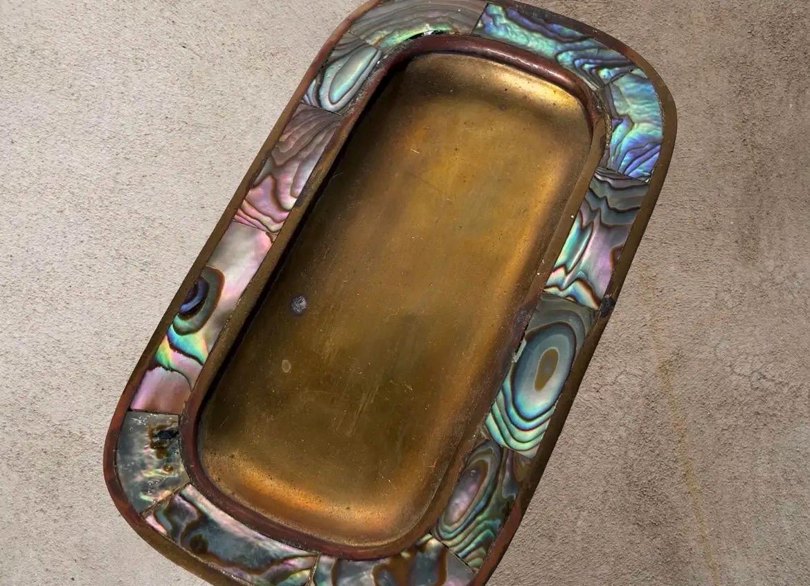 Vintage LENCAN Mexico Abalone Brass Salt Pepper Shakers Tray Set Mid Century Modern
