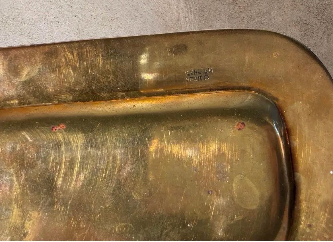 Vintage LENCAN Mexico Abalone Brass Salt Pepper Shakers Tray Set Mid Century Modern