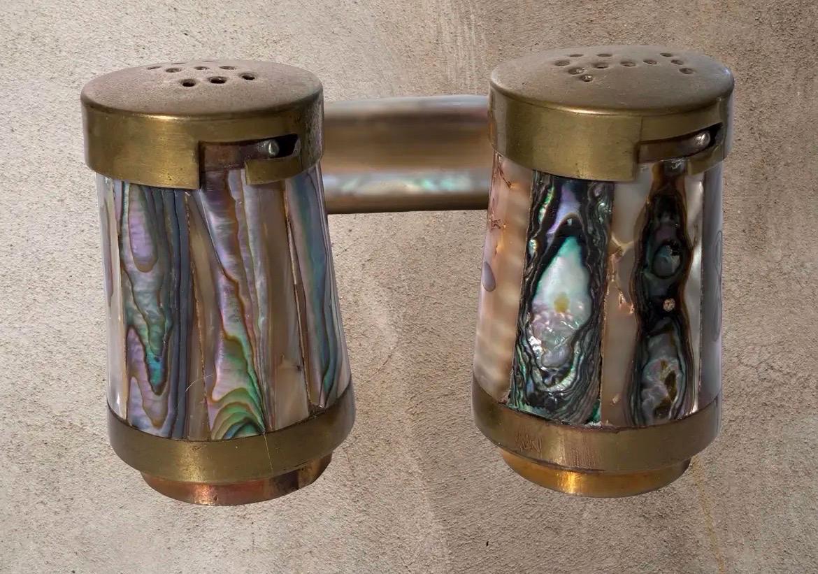 Vintage LENCAN Mexico Abalone Brass Salt Pepper Shakers Tray Set Mid Century Modern