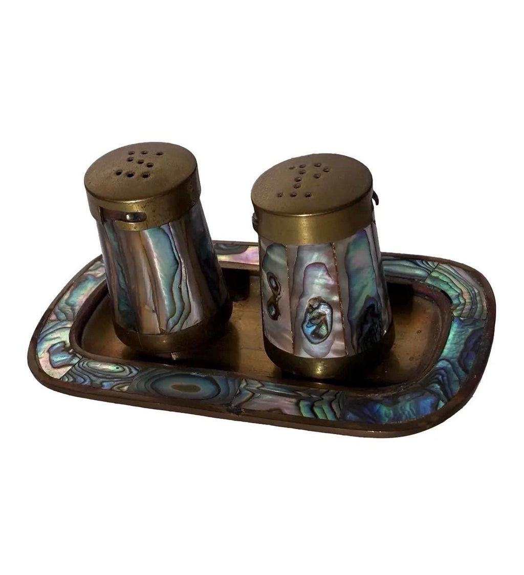 Vintage LENCAN Mexico Abalone Brass Salt Pepper Shakers Tray Set Mid Century Modern