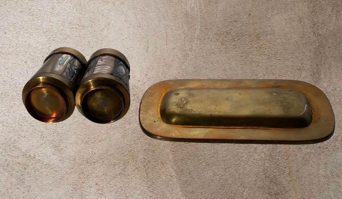 Vintage LENCAN Mexico Abalone Brass Salt Pepper Shakers Tray Set Mid Century Modern