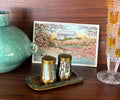 Vintage LENCAN Mexico Abalone Brass Salt Pepper Shakers Tray Set Mid Century Modern
