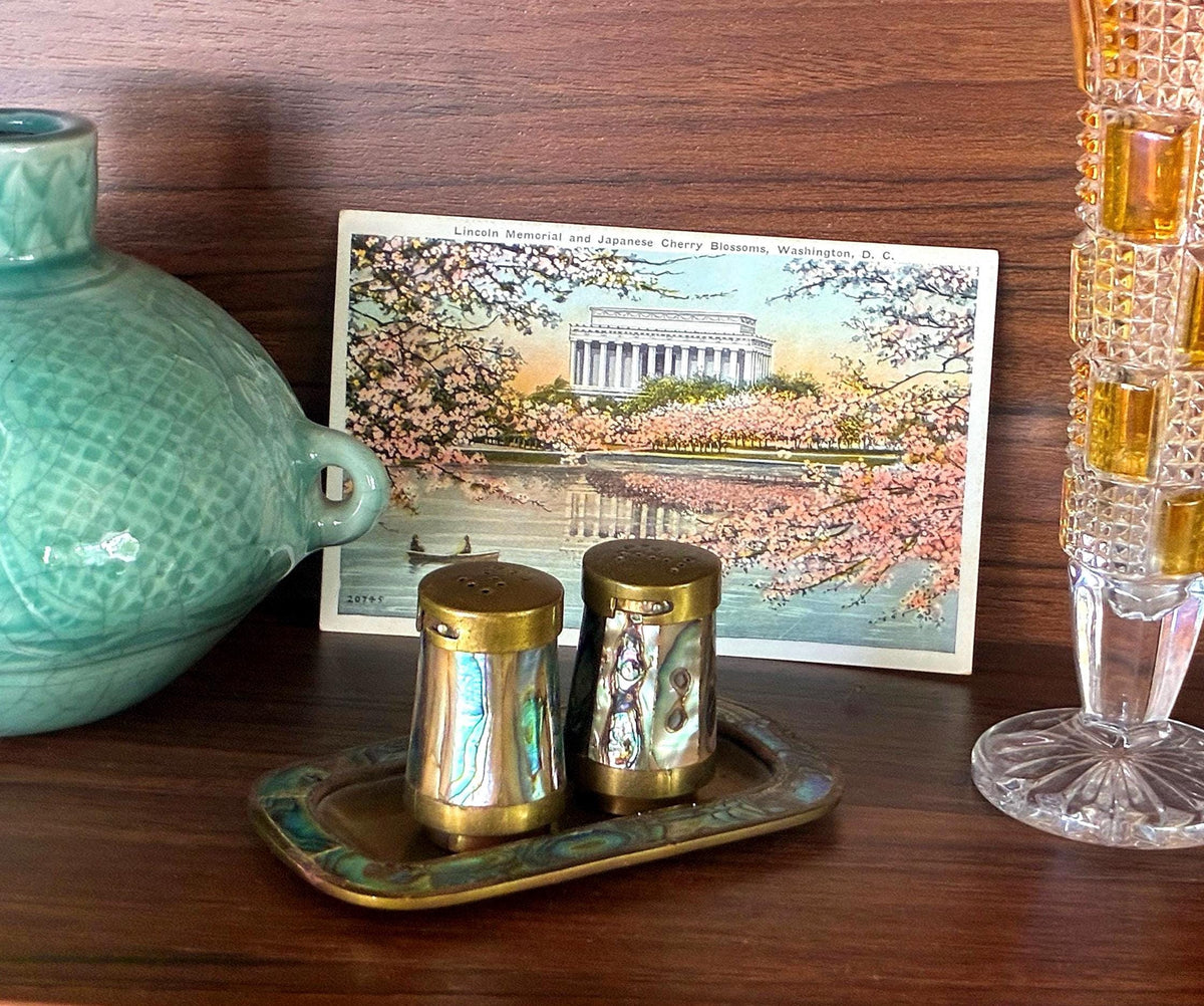 Vintage LENCAN Mexico Abalone Brass Salt Pepper Shakers Tray Set Mid Century Modern