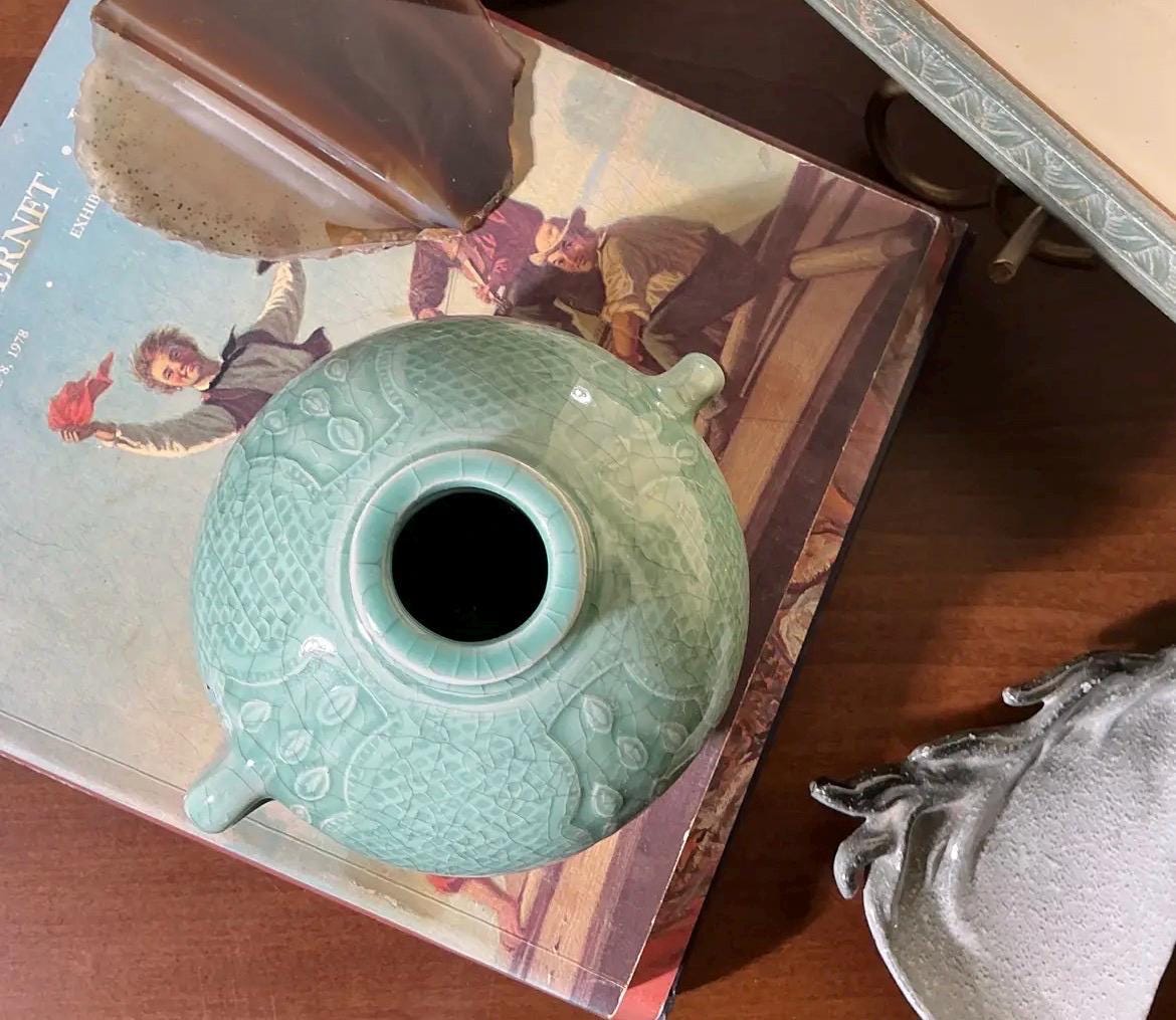 Vintage Celadon Crackle Glaze Vase | Double Handle Ceramic Vessel | Organic Modern Decor