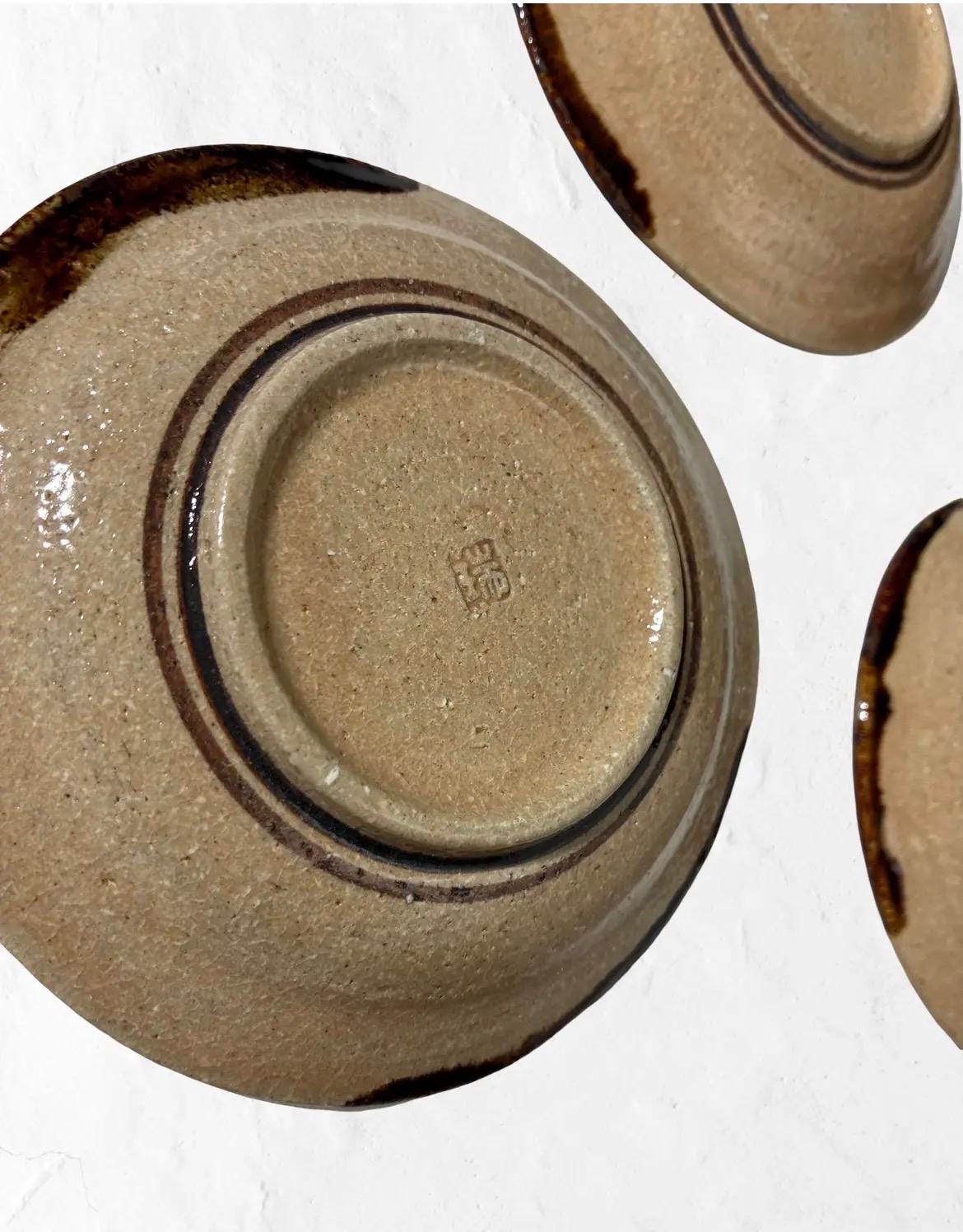 Japanese Signed Studio Pottery Plates | Stoneware Bird Motif | Set of 5