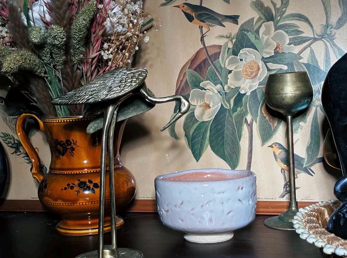Vintage Japanese Studio Pottery Chawan Tea Bowl | Ivory Blush Crackle Glaze Wabi Sabi