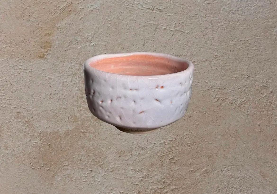 Vintage Japanese Studio Pottery Chawan Tea Bowl | Ivory Blush Crackle Glaze Wabi Sabi