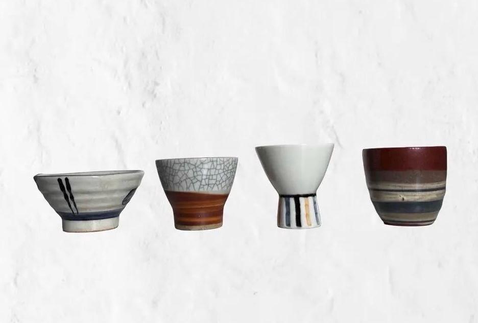 Vintage Japanese Ceramic Cups & Pour Vessel Set | Wabi Sabi Tea Sake (Set of 4)