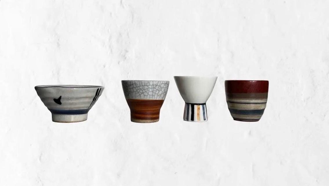 Vintage Japanese Ceramic Cups & Pour Vessel Set | Wabi Sabi Tea Sake (Set of 4)