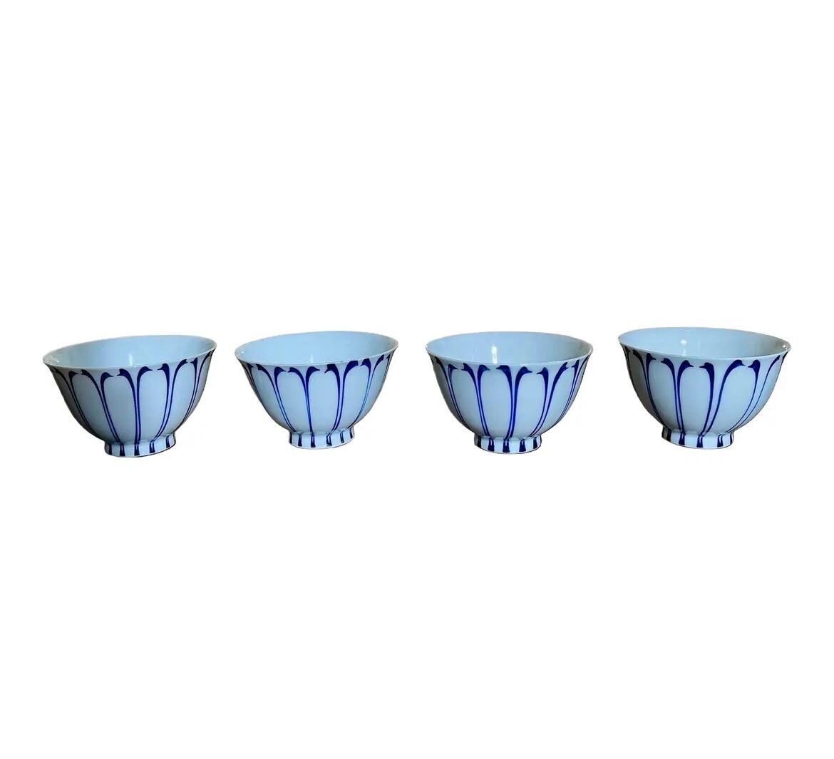 Vintage Japanese Footed Rice Bowls Set of 4 | Hand Painted Cobalt Lotus Arita Porcelain