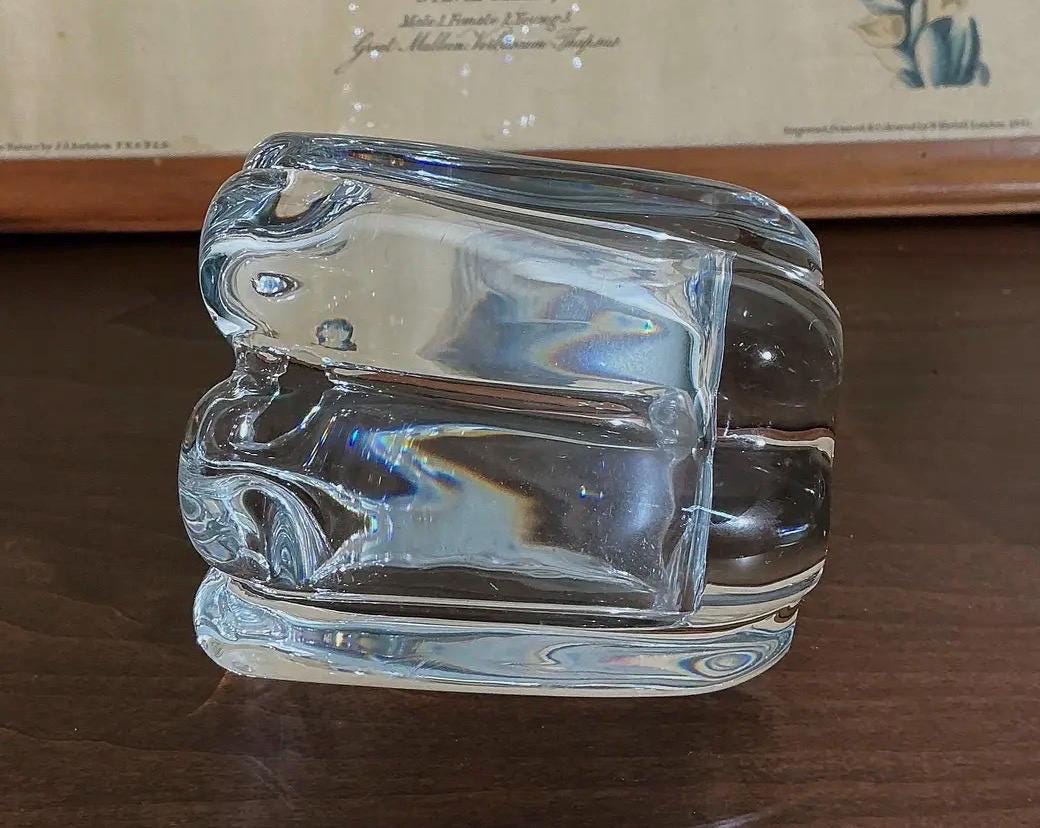 Signed Orrefors Swedish Crystal Sculptural Votive Candle Holder | Mid Century Modern Scandinavian Glass