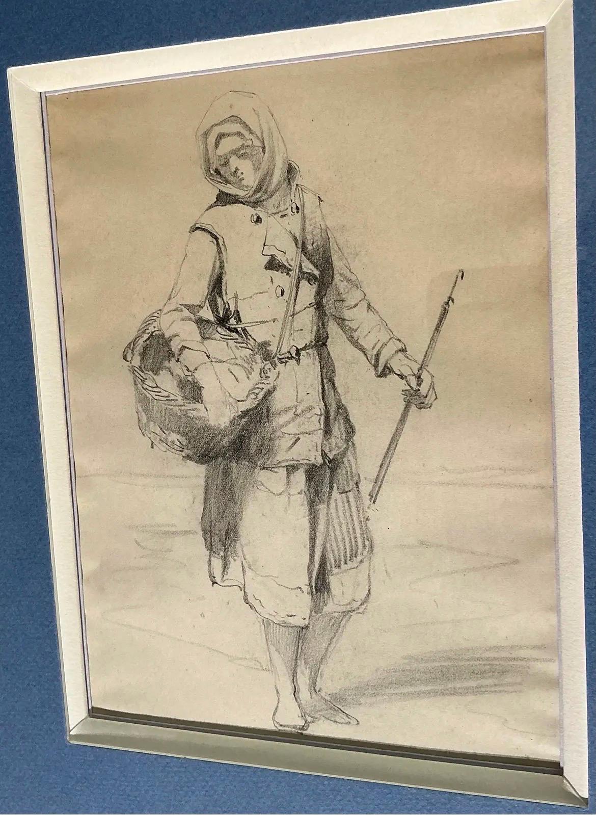 H.E. Bernard Attributed Breton Fisherwoman Study | Framed Antique French Drawing | European School Genre Sketch