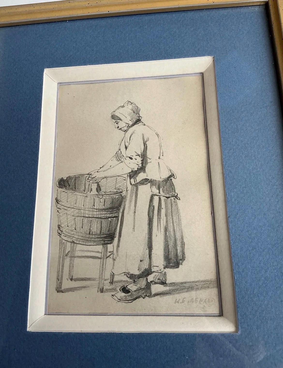 Signed H.E. Bernard Antique Breton Woman Drawing European Genre Study Framed
