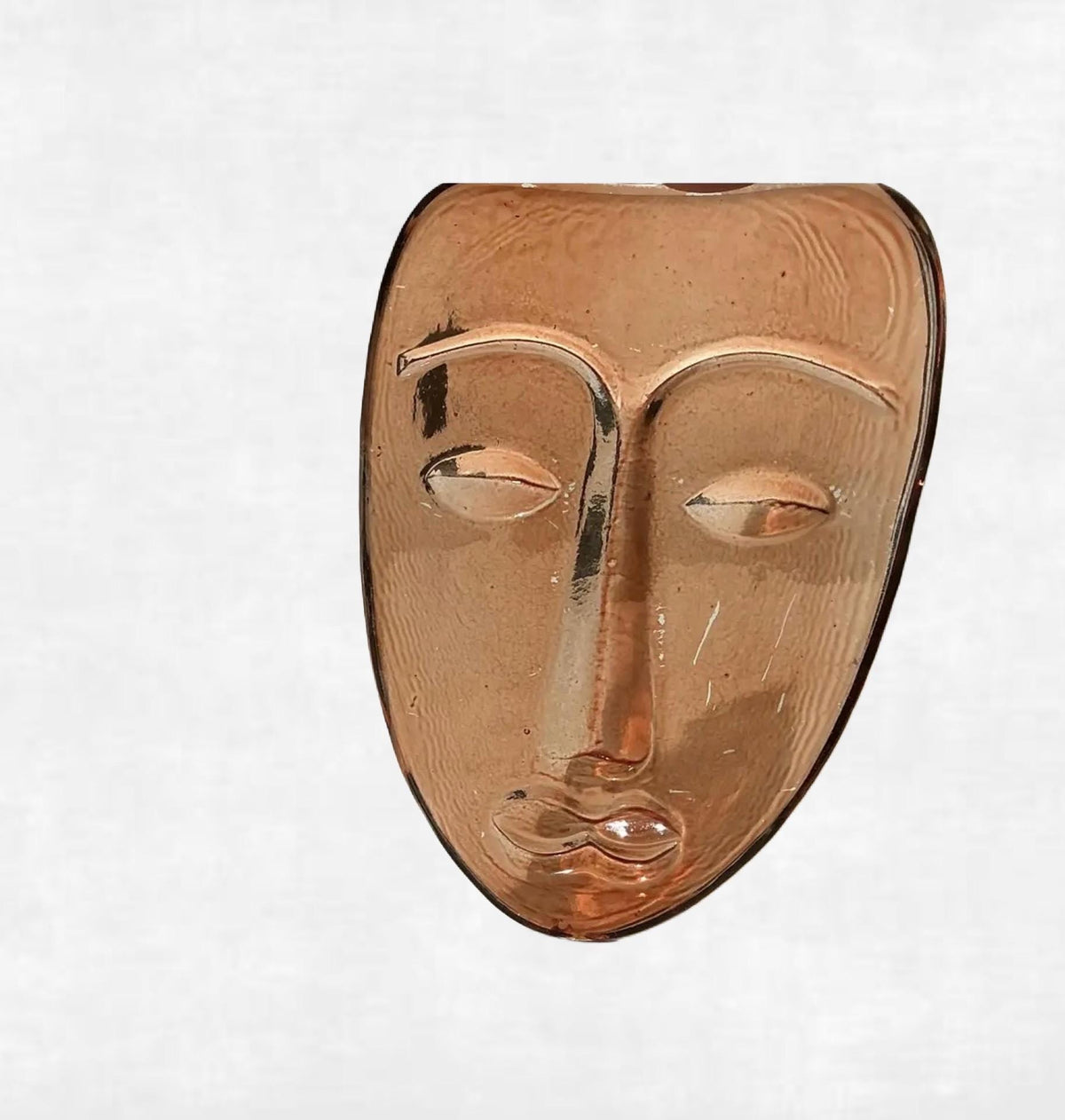 Vintage Amber Art Glass Face Mask Sculpture | Mid Century Modern Wall Art Object