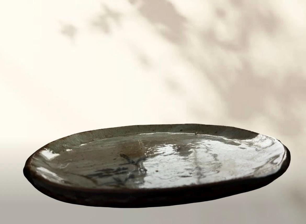 Vintage Japanese Studio Pottery Tray | Hand Painted Botanical Stoneware Dish | Wabi Sabi Decor