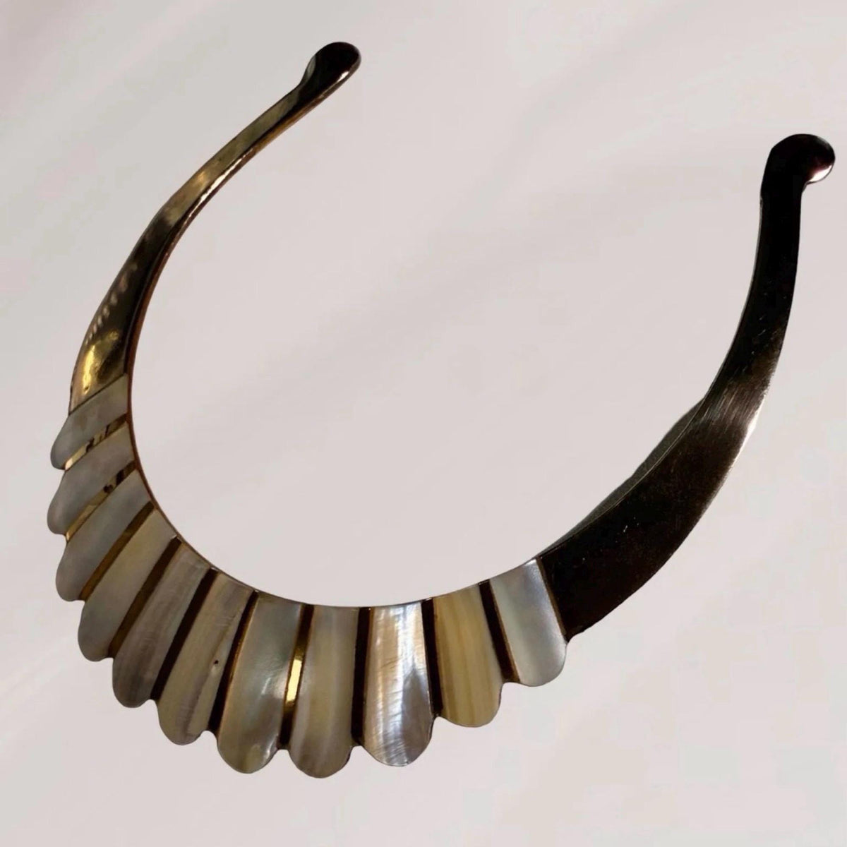 Vintage Mother of Pearl Inlay Collar Necklace | Gold Tone Sculptural Bib Choker