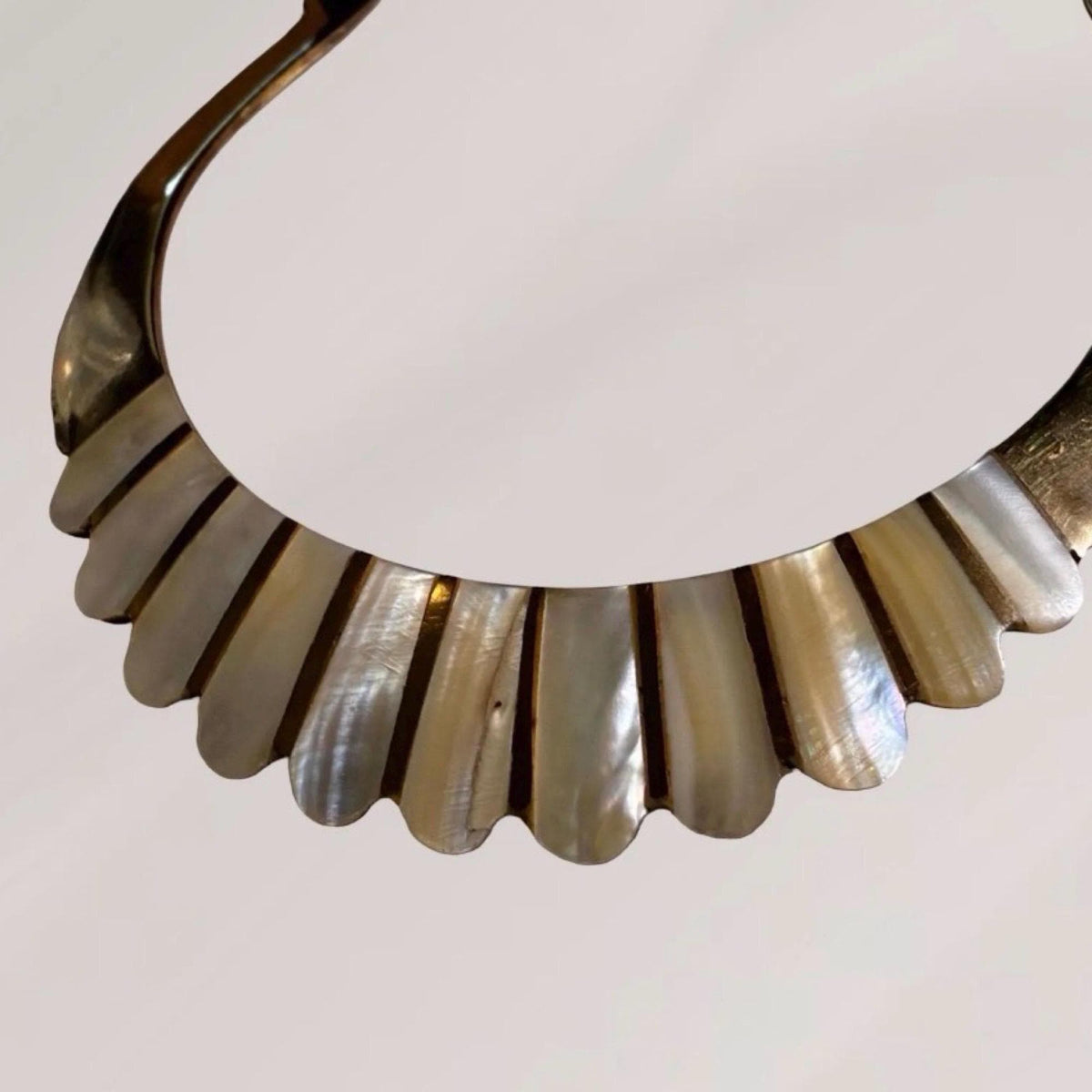 Vintage Mother of Pearl Inlay Collar Necklace | Gold Tone Sculptural Bib Choker